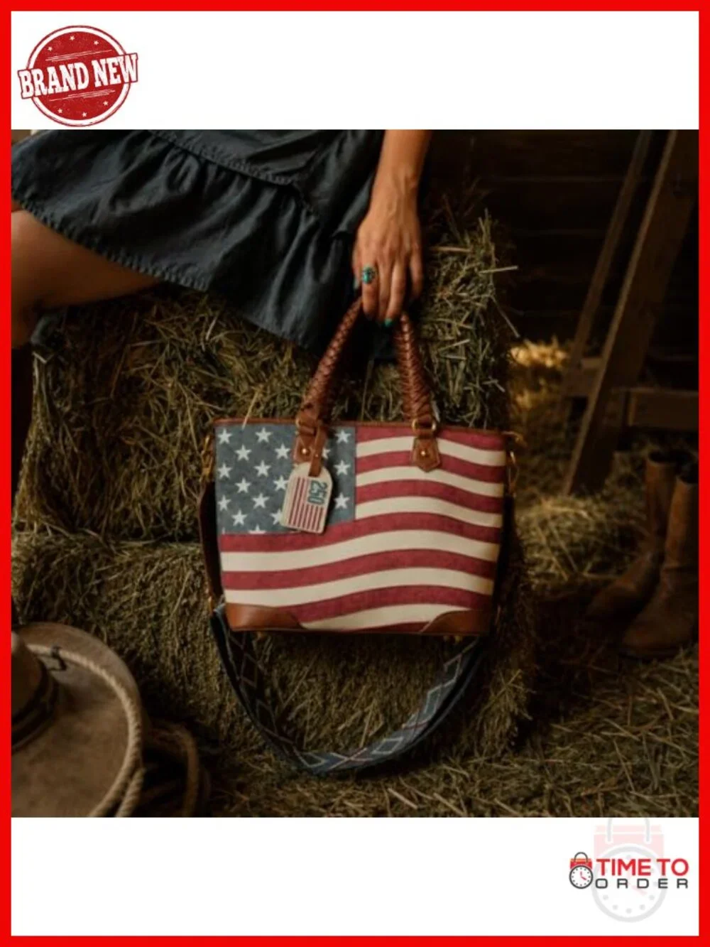 Vintage Patriotic Tote Bag with Braided Handles and Woven Crossbody Strap